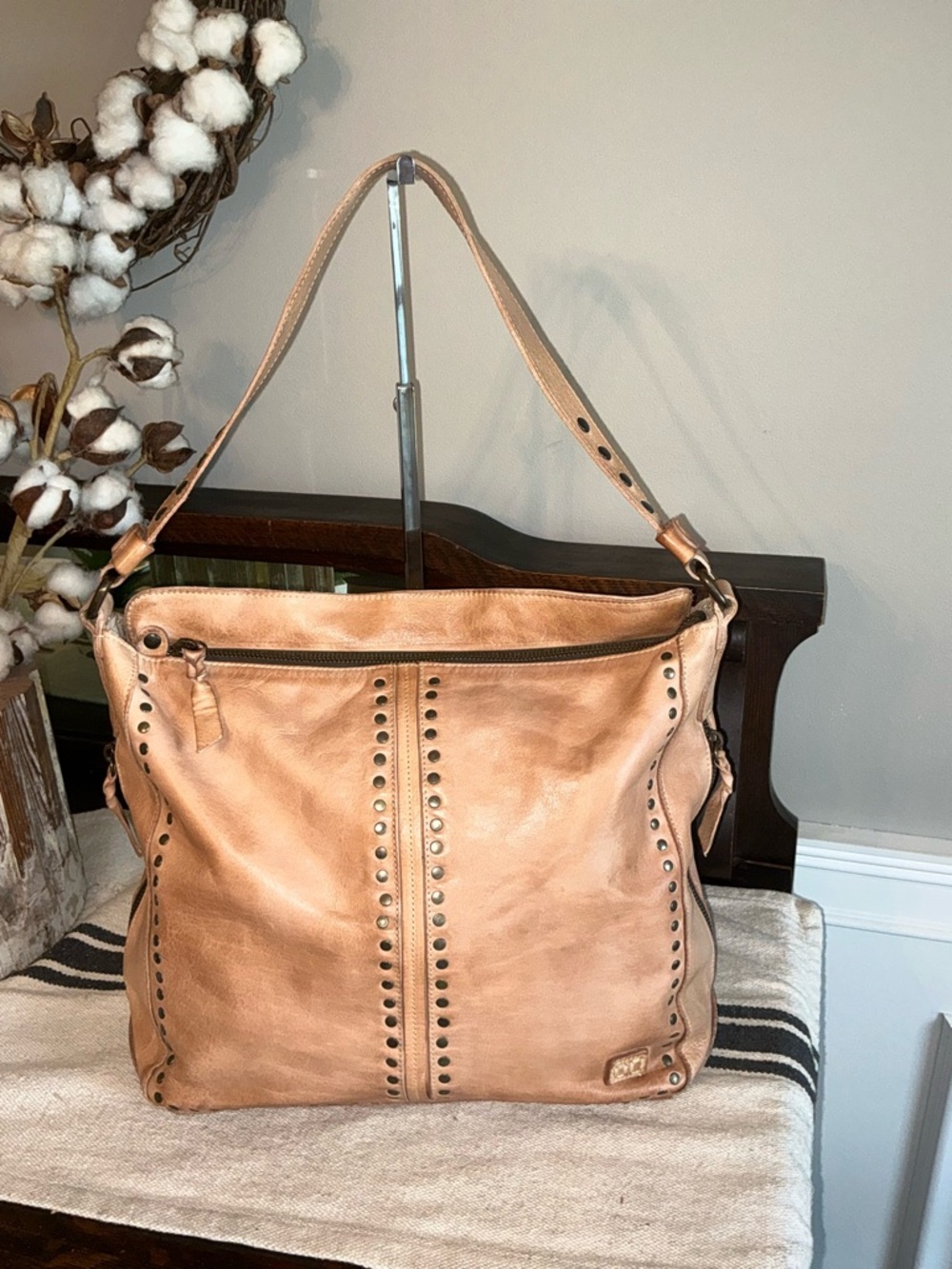 Bed Stu Leather Packet Shoulder Bag Studded Oats DD Tan MSRP $375